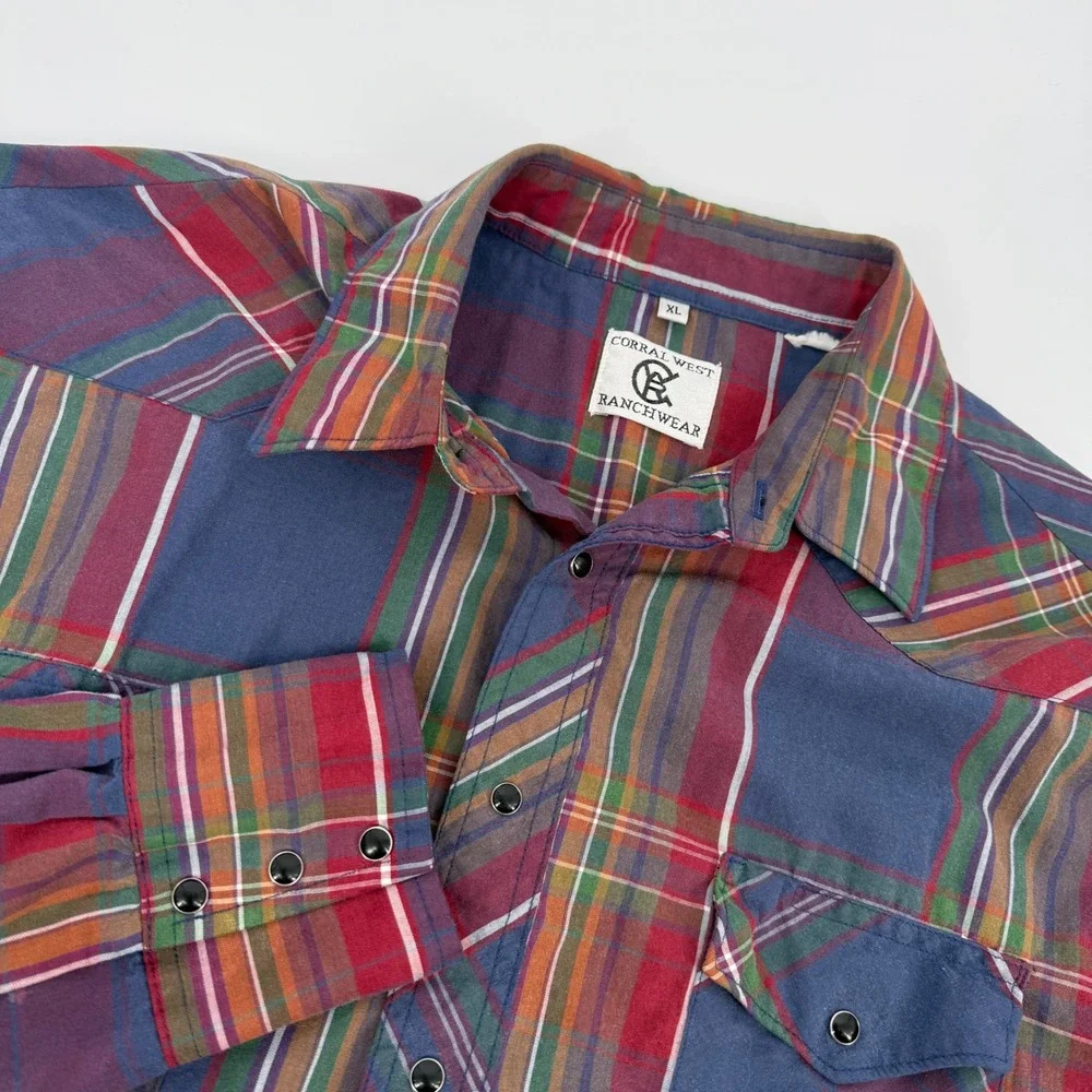 Corral West Ranchwear Men XL Plaid Long Sleeve‎ Pearl Snap Western Shirt Rodeo